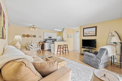 Living room with ceiling fan and light wood-type f