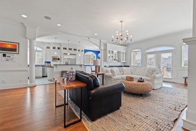 Living room with ornate columns, ornamental molding, wood finished floors, plenty of natural light, and recessed lighting