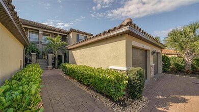 Walk way with detached garage.