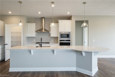 Kitchen with stainless steel appliances, wall chimney exhaust hood, white cabinets, light stone counters, dark hardwood flooring, hanging light fixtures, and backsplash
