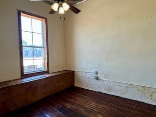 Bedroom two, view of downtown, ceiling fan