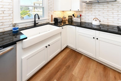 Kitchen with dishwasher, a sink, white cabinetry, and dark countertops