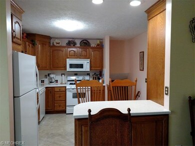 Open kitchen with Corian countertops.  Oak barstoo