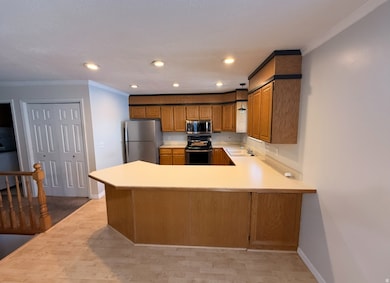 Kitchen with crown molding, light countertops, appliances with stainless steel finishes, a peninsula, and recessed lighting