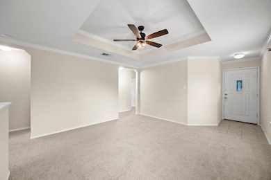 Empty room featuring light carpet, a raised ceili