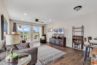 Living room featuring dark wood-type flooring and 