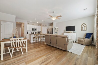 Living room featuring ceiling fan and light wood-t