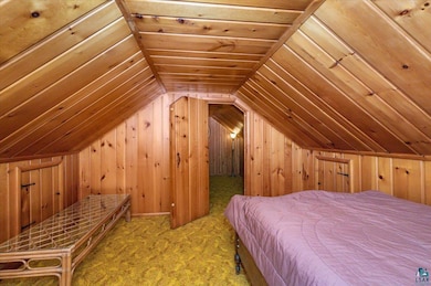 Unfurnished bedroom with wood walls, carpet flooring, and lofted ceiling