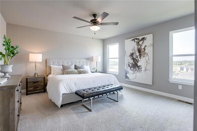Carpeted bedroom with ceiling fan