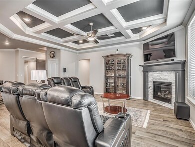 Cinema featuring a stone fireplace, light wood-typ