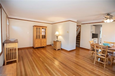 Dining space with ceiling fan, ornamental molding, washer and clothes dryer, and light hardwood flooring