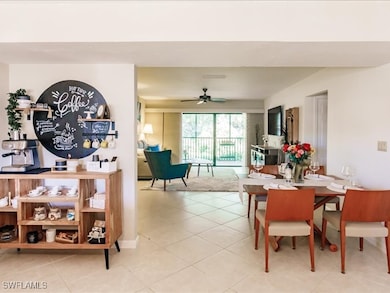 Dining room featuring ceiling fan and light tile f