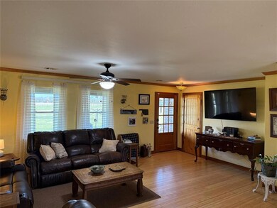 Living room with crown molding, light wood finishe