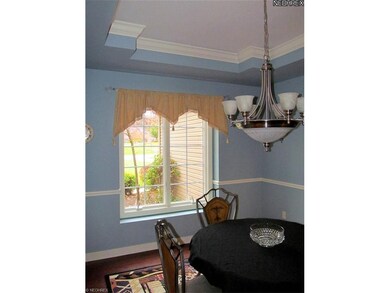 The formal dining room features a dramatic tray ce