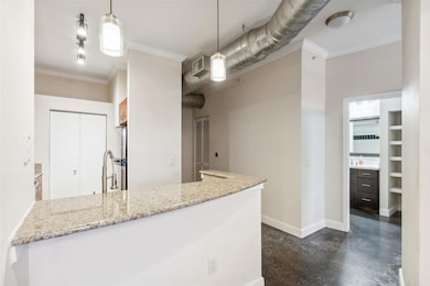 Kitchen featuring crown molding, light stone count