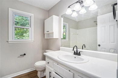 Bathroom featuring hardwood / wood-style flooring, vanity, toilet, and a textured ceiling