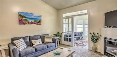Carpeted living room with baseboards and a glass covered fireplace