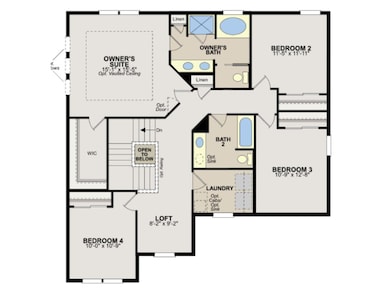 Upstairs floorplan - four bedrooms, two full bathr