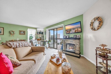 Carpeted living room with a stone fireplace