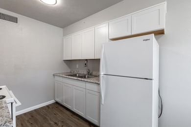 Kitchen with dark wood-style flooring, visible ve