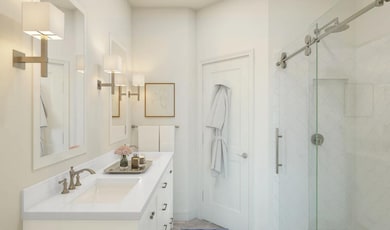 Primary bath with brushed satin nickel hardware