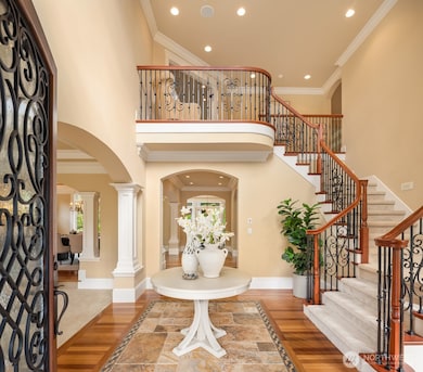Wrought iron, Brazilian hardwoods, and stone mosaic in Reception Hall