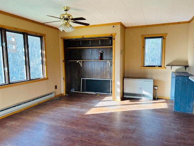 Unfurnished living room with crown molding, wood finished floors, a ceiling fan, and heating unit