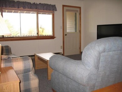 Sunny living room. Door leads to a deck.