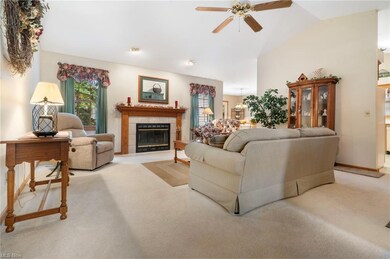 Carpeted living room featuring lofted ceiling, a f