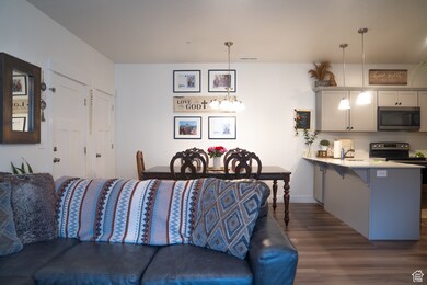Living area with dark wood-style floors and baseboards