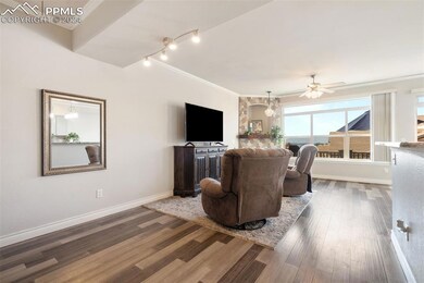 Living room featuring dark wood-type flooring, orn
