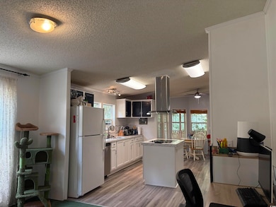 Kitchen featuring freestanding refrigerator, light wood-type flooring, island exhaust hood, a textured ceiling, and white cabinets