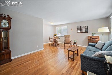 Main level living room with original wood flooring, newer interior paint and windows throughout.