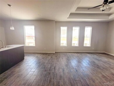 Unfurnished living room featuring healthy amount of natural light, dark wood finished floors, and a raised ceiling