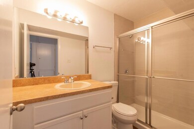 Bathroom with vanity, a stall shower, and toilet