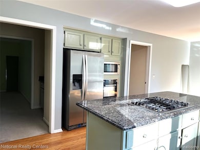 Kitchen with green cabinets, appliances with stainless steel finishes, dark stone counters, light wood-style flooring, and a kitchen island