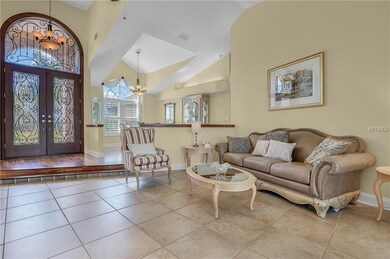 View of the front entrance and dining room from th