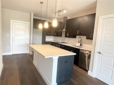 Kitchen with stainless steel dishwasher, dark woo