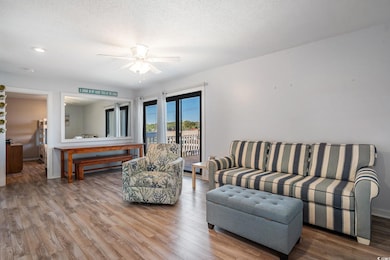 Living room featuring wood finished floors, a textured ceiling, and a ceiling fan
