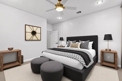 Carpeted bedroom with baseboards, recessed lighti