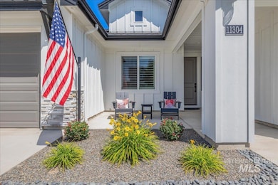 Property entrance with board and batten siding