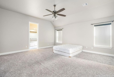 Carpeted bedroom with lofted ceiling, ensuite bathroom, and a ceiling fan