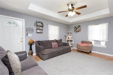 Living room with light hardwood / wood-style floors, a raised ceiling, and a wealth of natural light