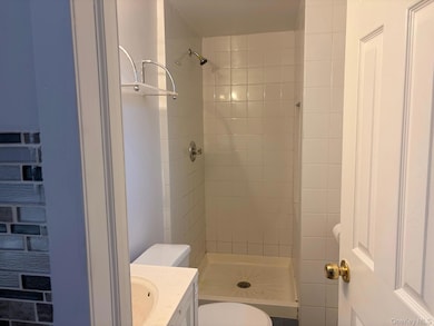 Bathroom featuring vanity and a shower stall