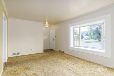 Spare room featuring ornamental molding and carpet