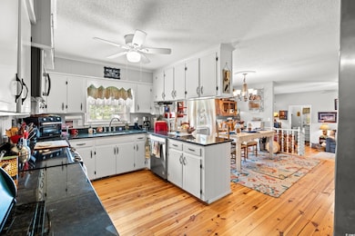 Kitchen featuring stainless steel dishwasher, a ceiling fan, dark countertops, light wood-style flooring, and a peninsula