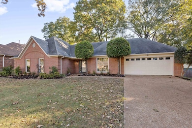 Single story home featuring brick siding, driveway, a front lawn, and a shingled roof