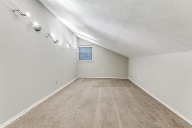 Bonus room with vaulted ceiling, light colored carpet, and a textured ceiling