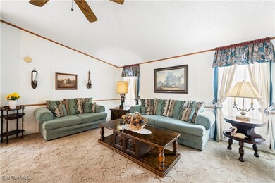 Living room with crown molding, carpet flooring, v