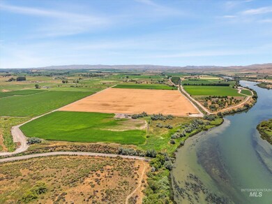 Overview of rural landscape with a water and mountain view